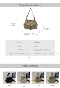 Detailed size specifications and material chart for the canvas drawstring shoulder bag