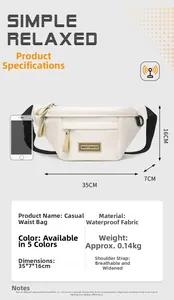 Détail montrant le sac banane étanche blanc avec les spécifications de taille et dimensions