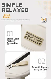 Détail du logo et de la fermeture éclair sur un sac bandoulière blanc cassé