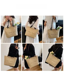 Detailed views of a straw tote bag with black rope handles and printed text