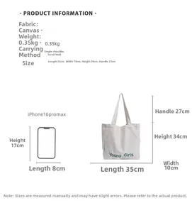 Size comparison and specifications of white canvas tote bag with Young Girls print
