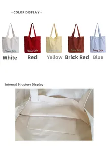 Detail view of large canvas tote bag showing inner pocket and multiple color options