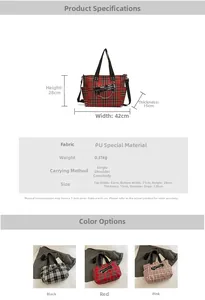 Detailed size chart and multi-color view of gothic plaid punk tote bag with metal chains