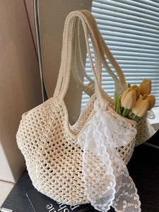 Sac Cabas Tissé de Grande Capacité pour Femme Été Sac à Épaule au Crochet Ajouré Nœud en Dentelle pour Vacances