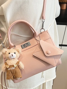 Pink trendy PU leather tote with silver lock, bear charm and detachable coin purse