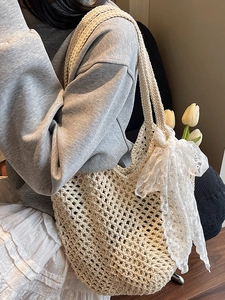 Sac fourre-tout au crochet blanc cassé avec grand nœud en dentelle, sac de plage