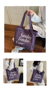 Vista detallada del bolso tote de lona morada con elegante estampado de letras Sunday