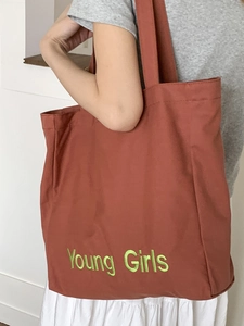 Chic brick red canvas tote bag with green Young Girls embroidery and large capacity