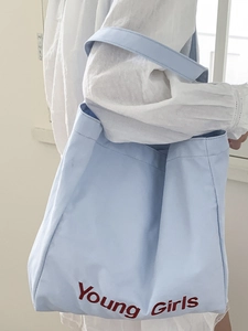 Minimalist light blue canvas tote bag with Young Girls letter print for casual shopping