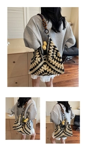 Detail of woven tote bag with wooden bead straps and geometric rhombus pattern