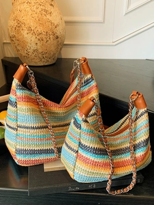 Colorful striped woven straw shoulder bag with leather trim and gold chain strap
