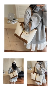 Detail of white crocodile-embossed tote bag with brown trim and golden hardware buckle