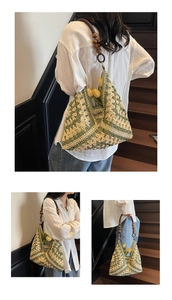 Detailed views of a woven tote bag with green geometric patterns and wooden bead handles