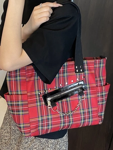 Large gothic punk plaid tote bag for women with metal chains and rivets on red canvas