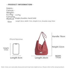 Canvas tote bag size guide showing dimensions 26x17x31cm and red checkered pattern