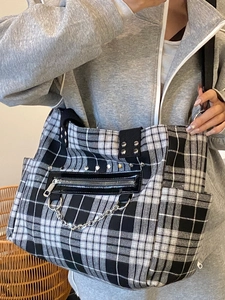 Gothic punk black and white plaid tote bag with metal chains and rivet accents