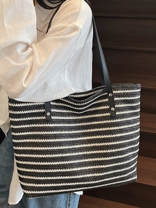 Large black and white striped tote bag with leather straps for women commute fashion