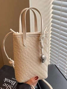 Korean Style Woven Mini Shoulder Bag For Women PU Leather Small Square Phone Bag With Metal Pendant Fashion Crossbody Purse