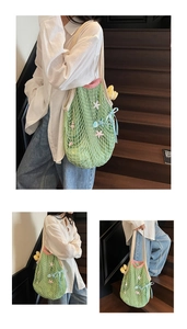 Detail of green mesh tote bag with starfish charms and pink trim on modern stairs