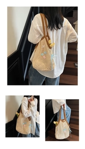 Detail of off-white mesh woven tote bag with star patches and blue silk bow decoration