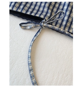 Close-up of blue and white checkered tote bag showing drawstring bow and inner lining