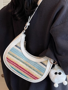 Rainbow woven straw hobo bag for women with white trim and cute pompom charm