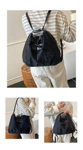 Three-way carry black drawstring tote bag showing shoulder and crossbody usage styles