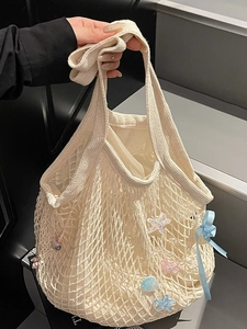 Women Fashion Woven Mesh Tote Bag With Starfish Shell Charms Satin Ribbon Bow Summer Beach Shoulder Bag Vacation Handbag