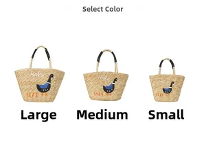 Straw tote bag set in three sizes with embroidered blue cartoon bird and logo