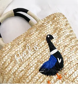Close-up of bird embroidery and Hello text on straw tote bag with clear texture