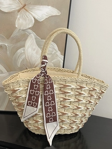 Handwoven Straw Tote Bag For Women Summer Beach Vacation Shoulder Bag Large Capacity Top Handle Bag With Silk Scarf Decor