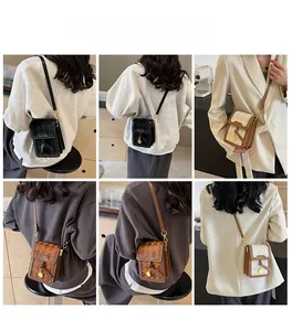 Detailed views of mini crossbody phone bags in various colors and vintage patterns