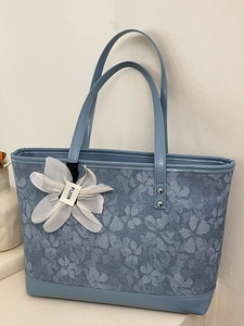 Large Capacity Floral Print PU Leather Tote Bag Women Casual Shoulder Bag With Decorative Flower Charm Fashion Daily Handbag