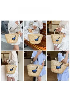 Collage of model carrying a straw tote bag with swan embroidery in various settings