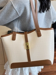 Minimalist cream and brown faux crocodile tote bag with gold metal buckle and large capacity
