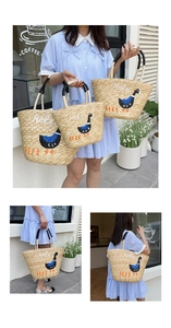 Three sizes of handmade straw tote bags featuring bird embroidery and Hola script detail