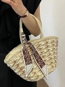 Handmade woven straw handbag for women with decorative bear print silk scarf accessory