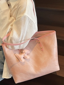 Pink faux crocodile leather tote bag for women with cute puppy charm accessory