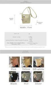 Detailed size chart and multi-color options for the woven bucket bag with tulip charm