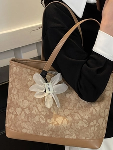 Chic floral canvas tote bag with 3D flower charm and leather trim for women