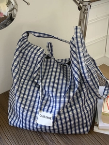 Large Capacity Canvas Tote Bag For Women Korean Style Leopard Print Red Blue Plaid Shoulder Crossbody Bag With Ribbon Decoration