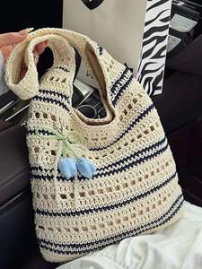 Women's Summer Hollow Crochet Woven Tote Bag Large Capacity Straw Shoulder Bag with Tulip Artificial Pearl Charm Striped Beach Bag