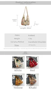 Detailed size specifications for a handmade floral knit shoulder tote bag with 33cm height
