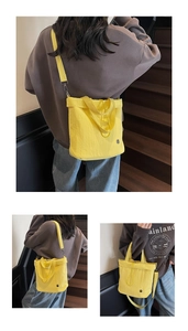 Detail view of yellow nylon tote bag showing drawstring closure and versatile straps