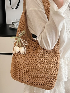 Brown hollow woven tote bag with tulip and pearl pendant for summer commute