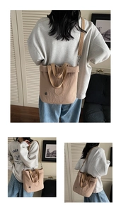 Three-way view of a light brown nylon tote bag with drawstring and adjustable strap