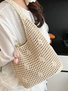 Beige hand-crocheted woven tote bag for women with pink tulip flower pendant