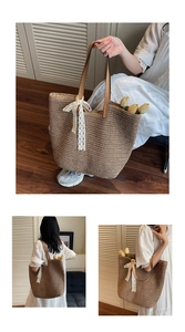 Close-up of woven straw tote bag with delicate white lace bow and leather handles