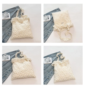Vues détaillées du sac cabas en toile à fleurs avec bords volantés et grande capacité