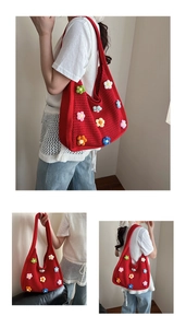 Detailed views of red crochet tote bag featuring 3D colorful knit floral patterns